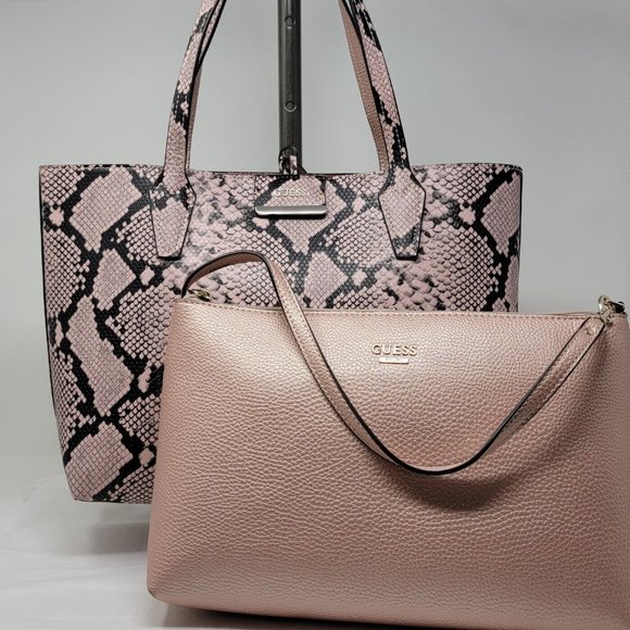 GUESS Bobbi Pink Snake Print Inside Out Reversible 3 in 1 Tote Handbag Set - Picture 2 of 14